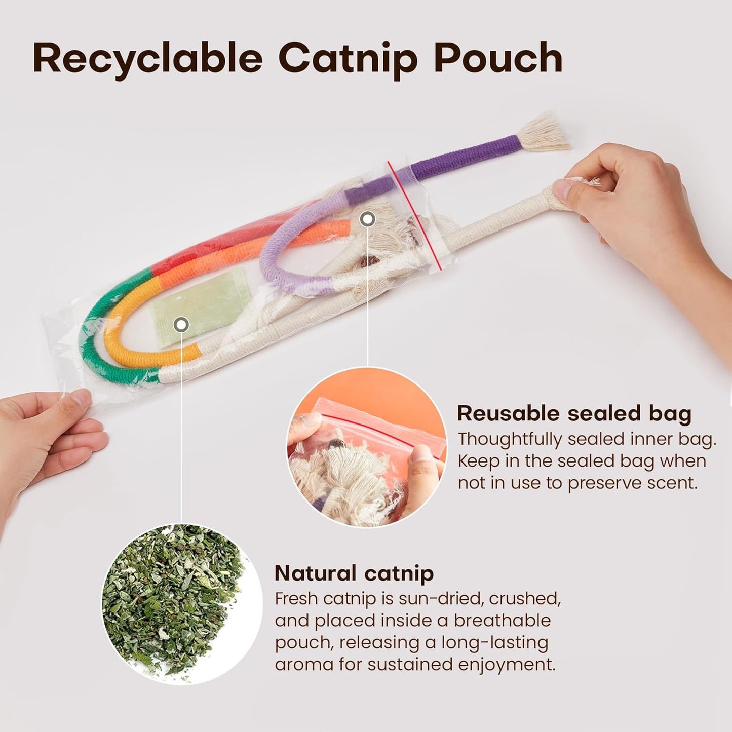 Cat Toys Chew Ropes 3Pcs with Refillable Natural Catnip, Safe Teeth Cleaning Toy for Indoor Kittens, Interactive Cat Nip Kitty Toys for All Breeds 19.5 Inches
